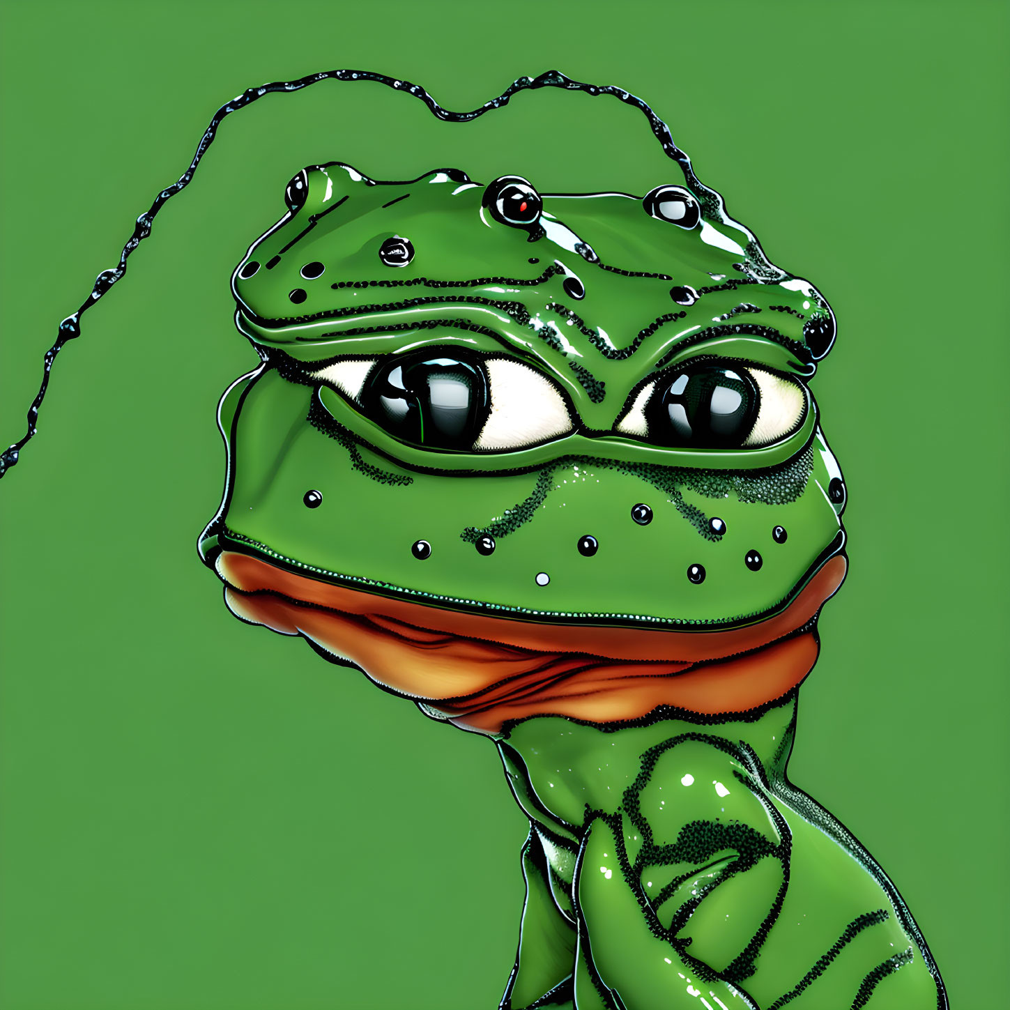 Stylized anthropomorphic green frog with wry smile on green background