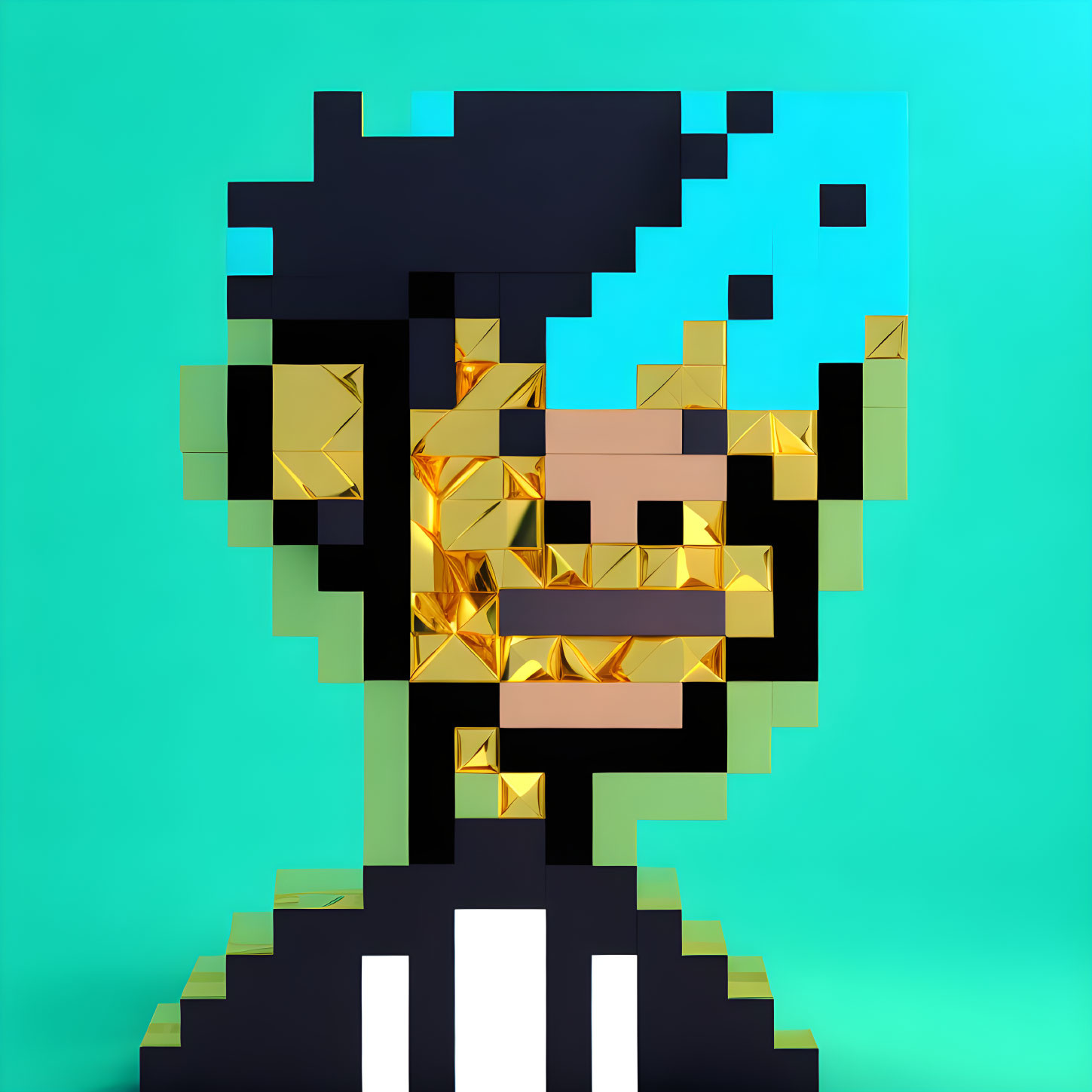 Pixelated character with black hair, blue highlights, and golden face features on turquoise background