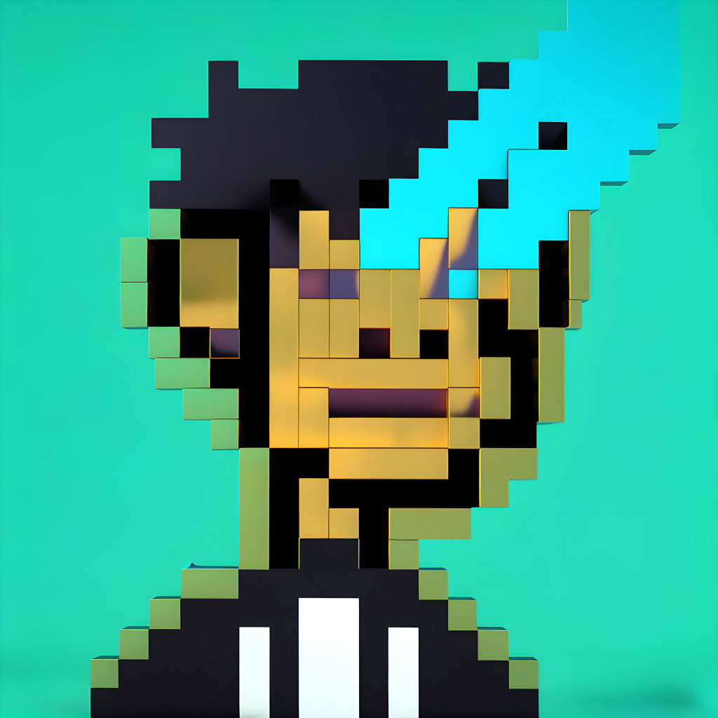 Stylized 3D pixel art character with blue streak in hair on teal background