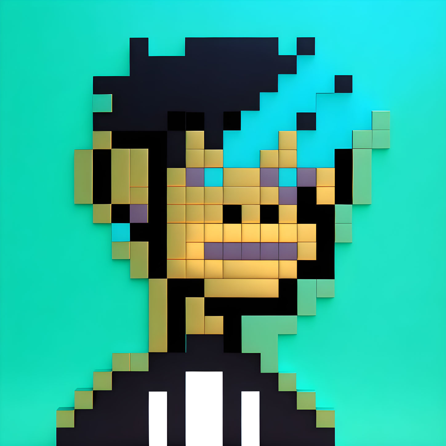 Smiling character pixel art with yellow skin and blue eyes