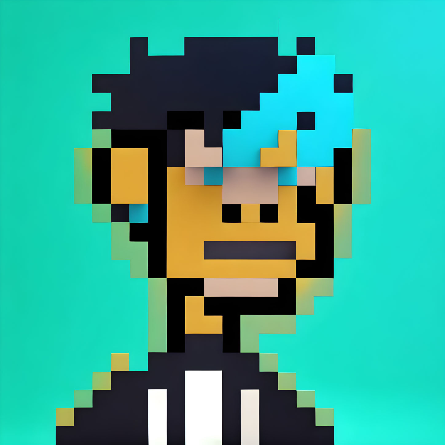 Pixel Art of Person with Black Hair, Blue Streak, Headphones, Black & White Outfit