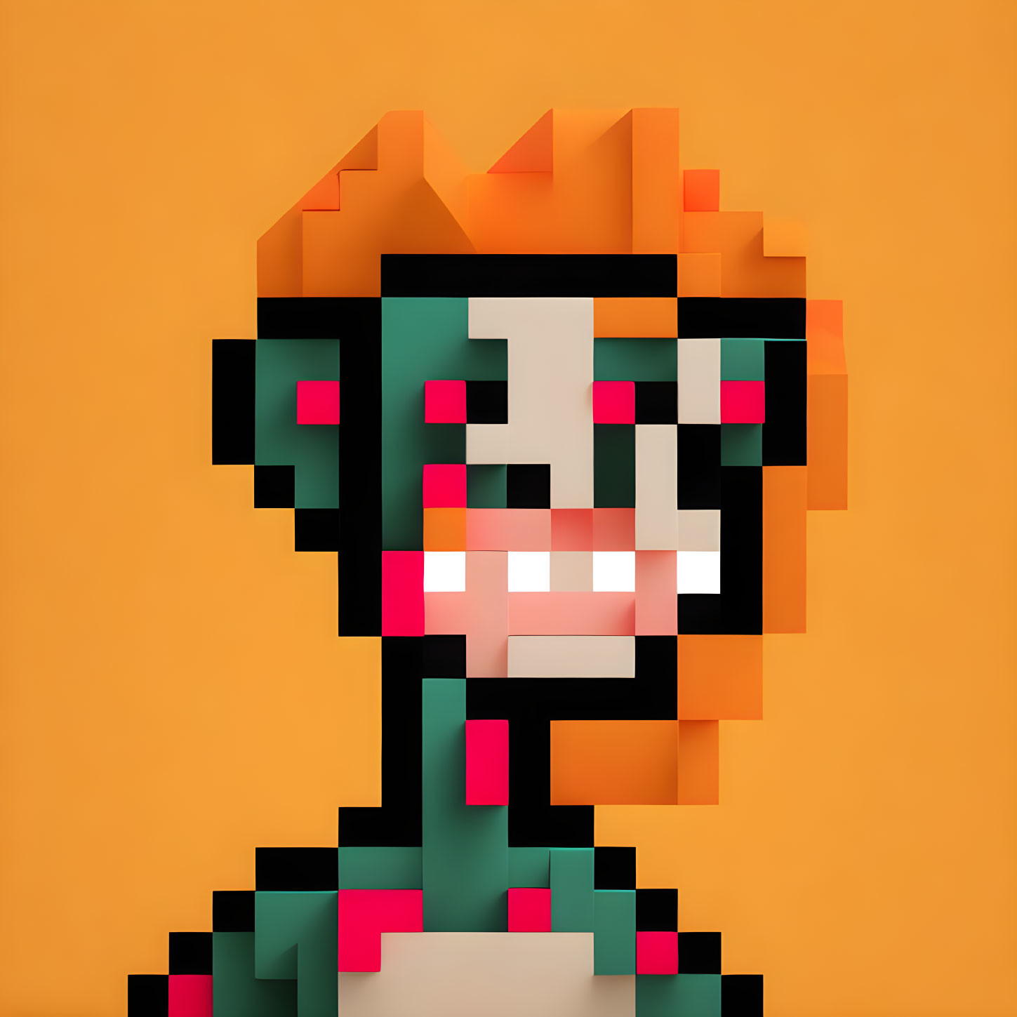 Character portrait in pixel art with green accents on orange backdrop.