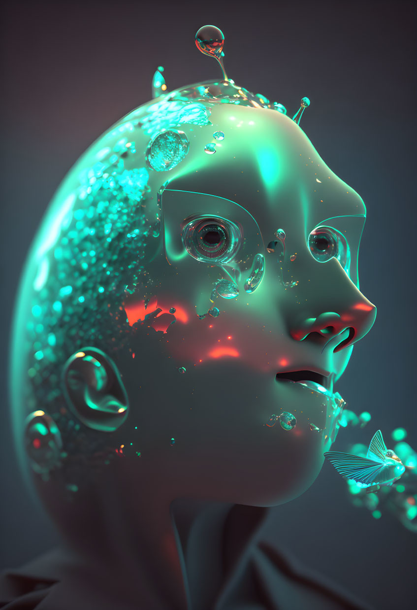 Stylized 3D digital artwork: Humanoid head in water-filled shell with bubbles and butterfly