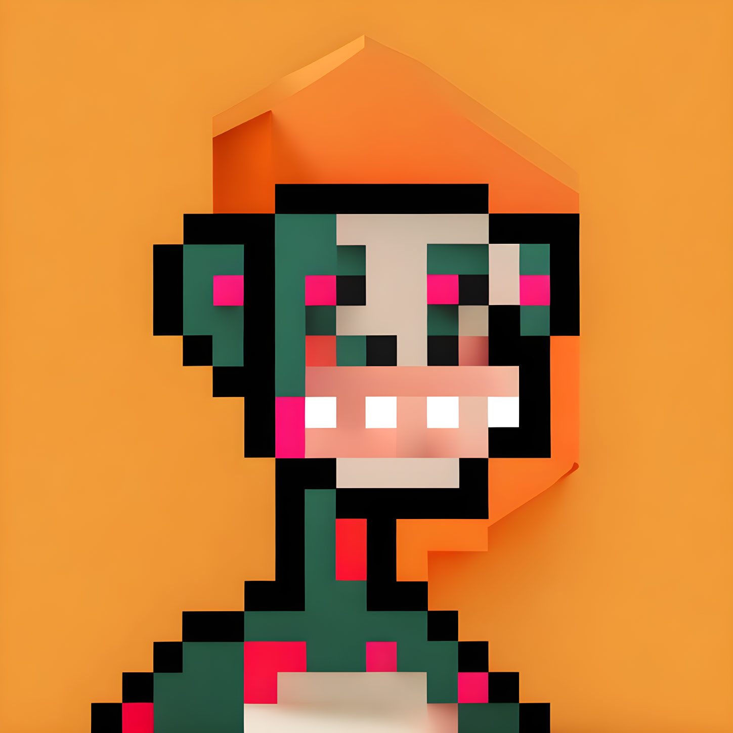 Smiling pixelated character art with green, black, and pink blocks on orange background