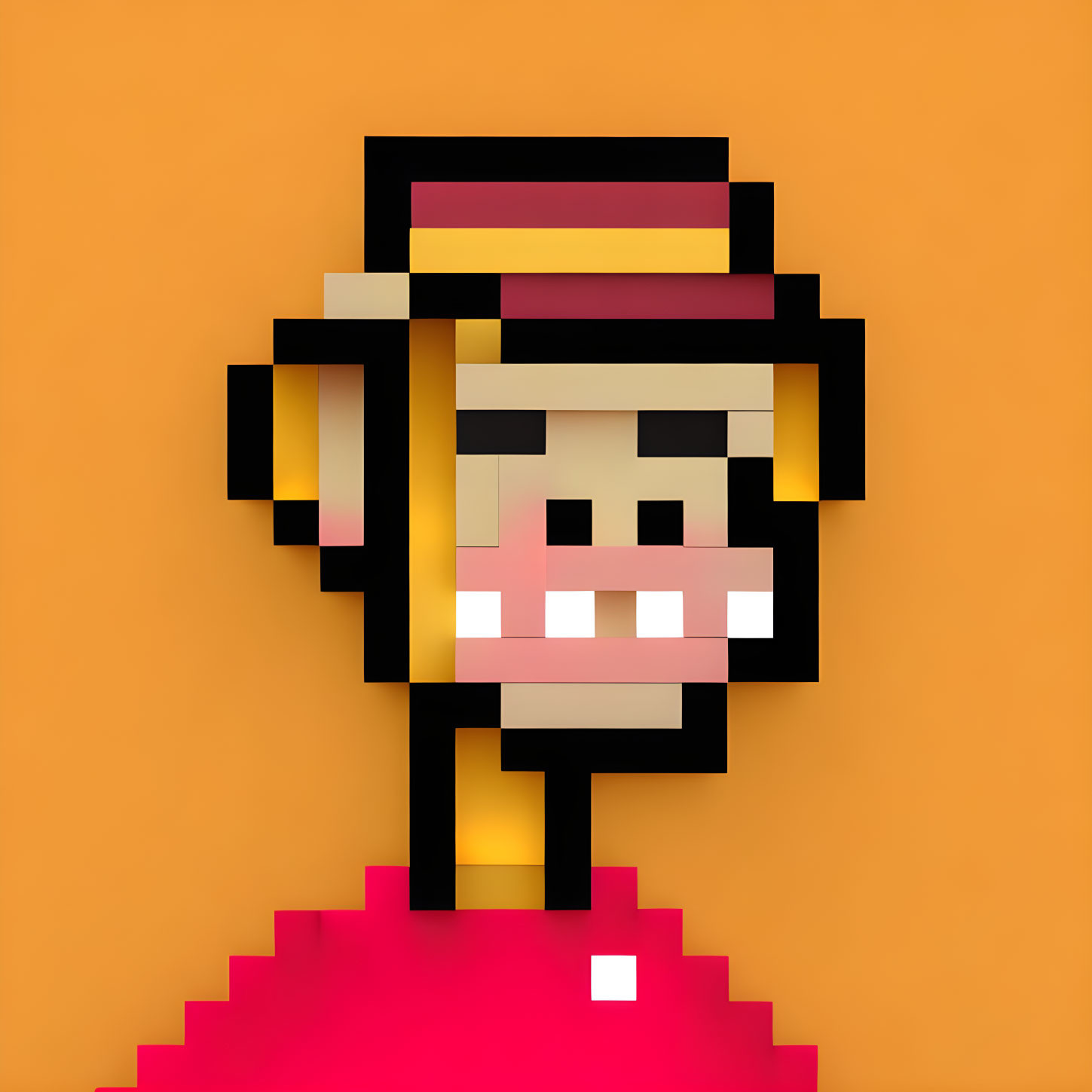 Smiling character with hat in pixel art on orange background