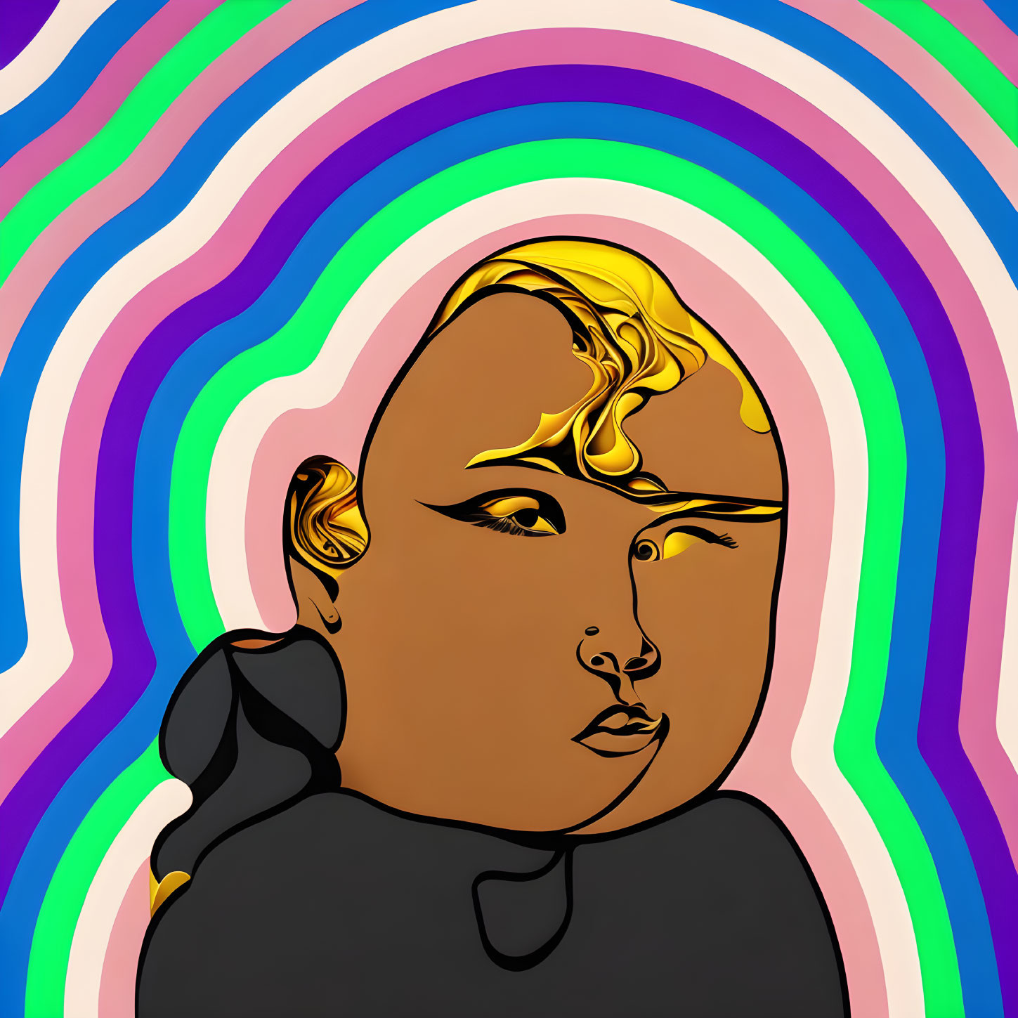 Stylized person with golden hair on swirling rainbow background