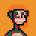 Character portrait in pixel art with green accents on orange backdrop.