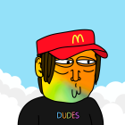 Colorful caricature person in red cap, black t-shirt, yellow glasses against blue sky.