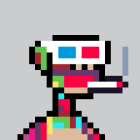 Multicolored glitchy robot pixel art with blue eyes and sword