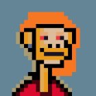 Monkey-like 3D pixel art on orange background with yellow face and red suit