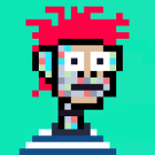 Red-haired character with white eyes in pixel art on turquoise background