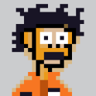 Pixelated character with messy black hair, wide eyes, beard, and muscular build on gray background