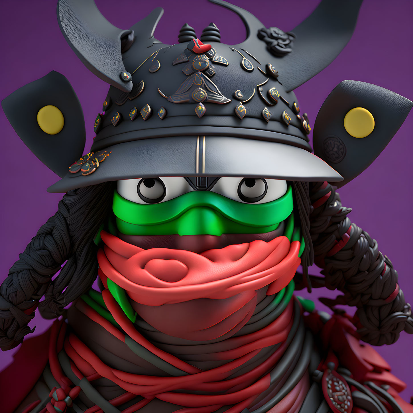 Detailed 3D rendering of Michelangelo with samurai helmet & armor