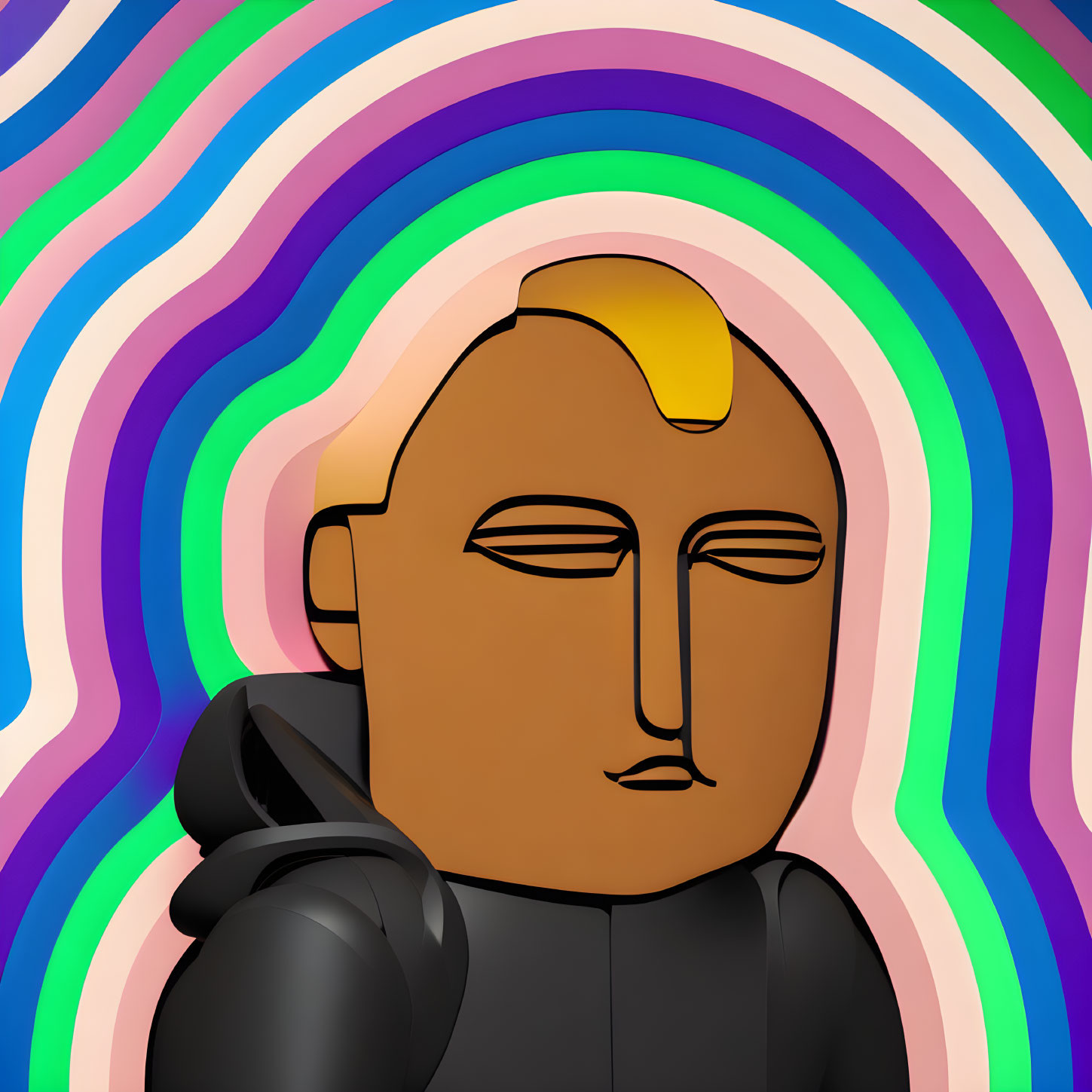 Stylized digital artwork of a person with blonde hair in a black hoodie on a vibrant wavy