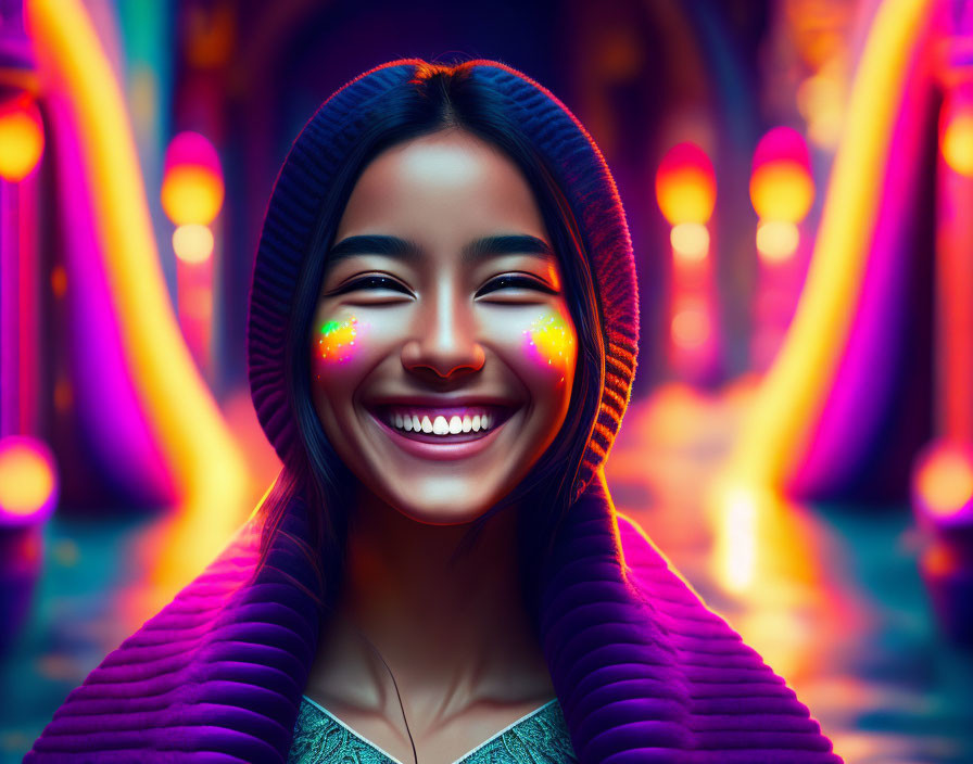 Smiling woman with colorful lights on face in neon-lit setting