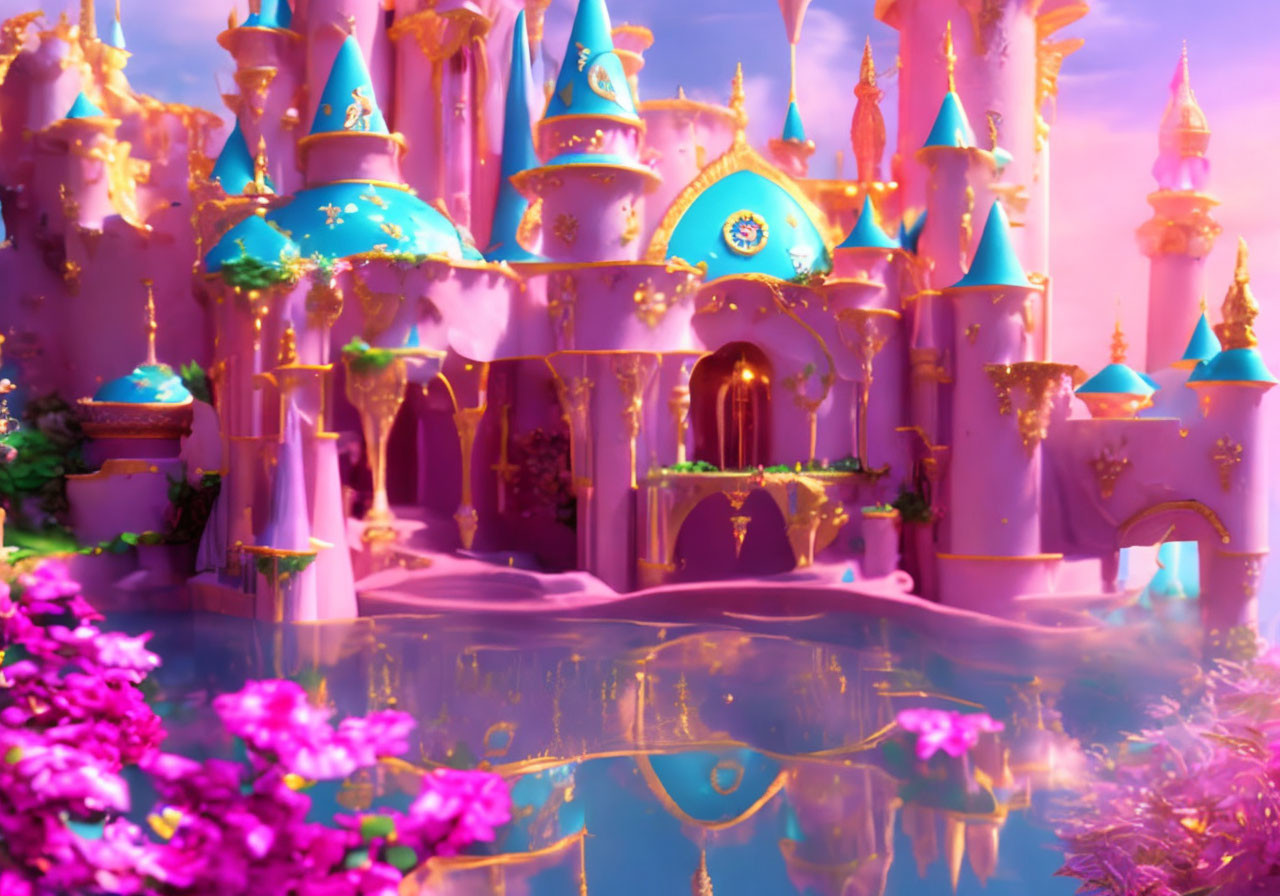 Fairytale castle with pink and blue spires and golden accents Deep Dream Generator