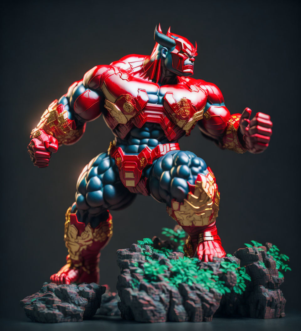 Muscular red and blue armored figure with horns on rocky base.