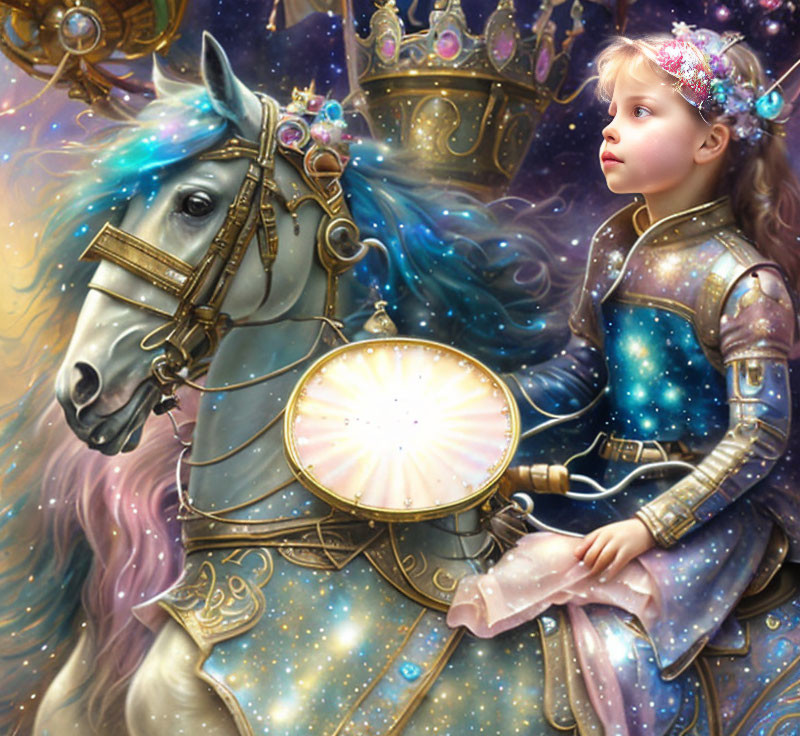 Young girl in knight costume on fantasy horse with starry mane, crown, shield - fairytale