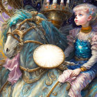 Young girl in knight costume on fantasy horse with starry mane, crown, shield - fairytale