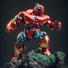 Muscular red and blue armored figure with horns on rocky base.