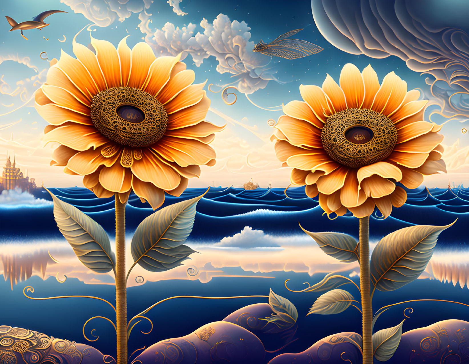 Stylized sunflowers and golden bird in surreal ocean scene