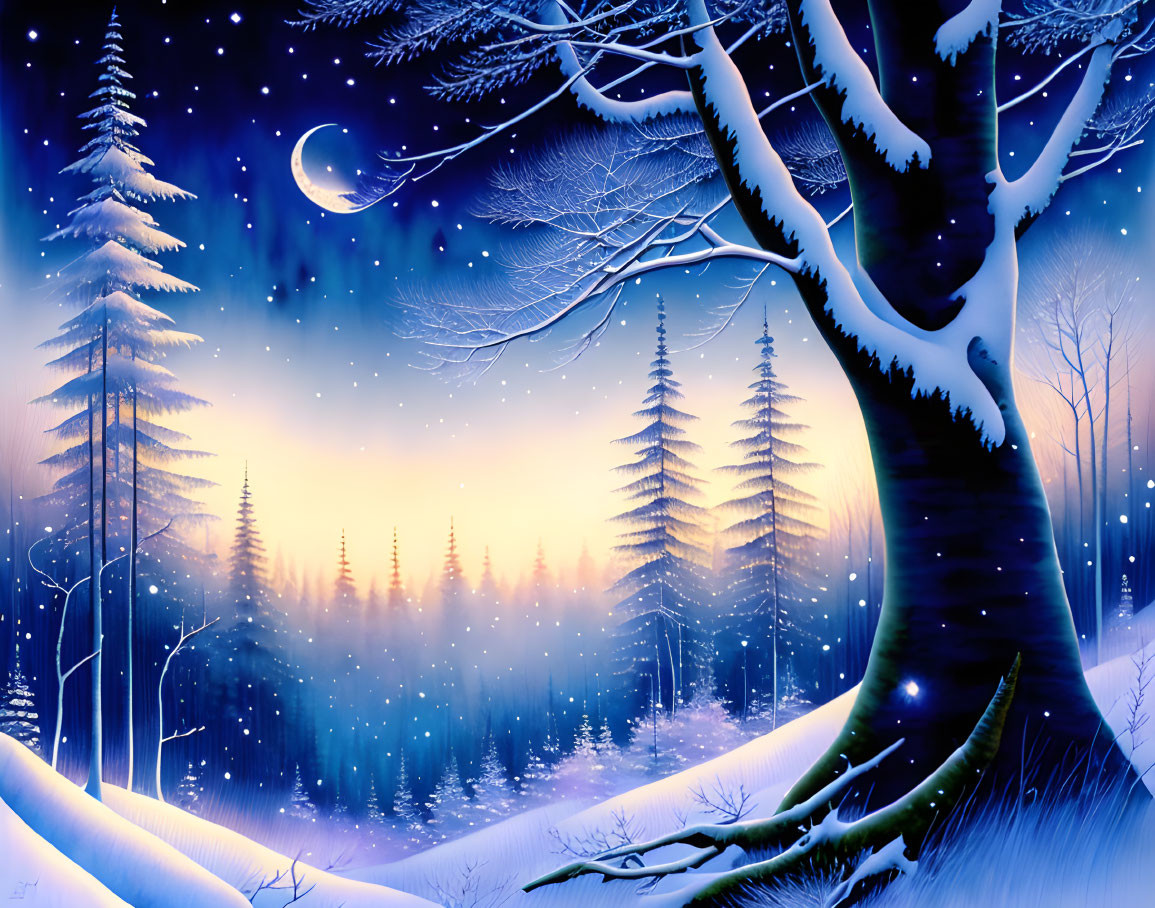 Tranquil winter landscape with large tree, snow-covered pines, and crescent moon