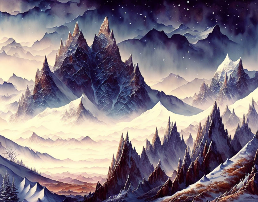 Snowy Mountain Landscape with Starry Night Sky and Pine Trees