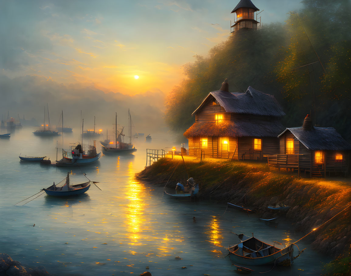 Tranquil harbor at sunset with lighthouse, boats, and foggy ambiance