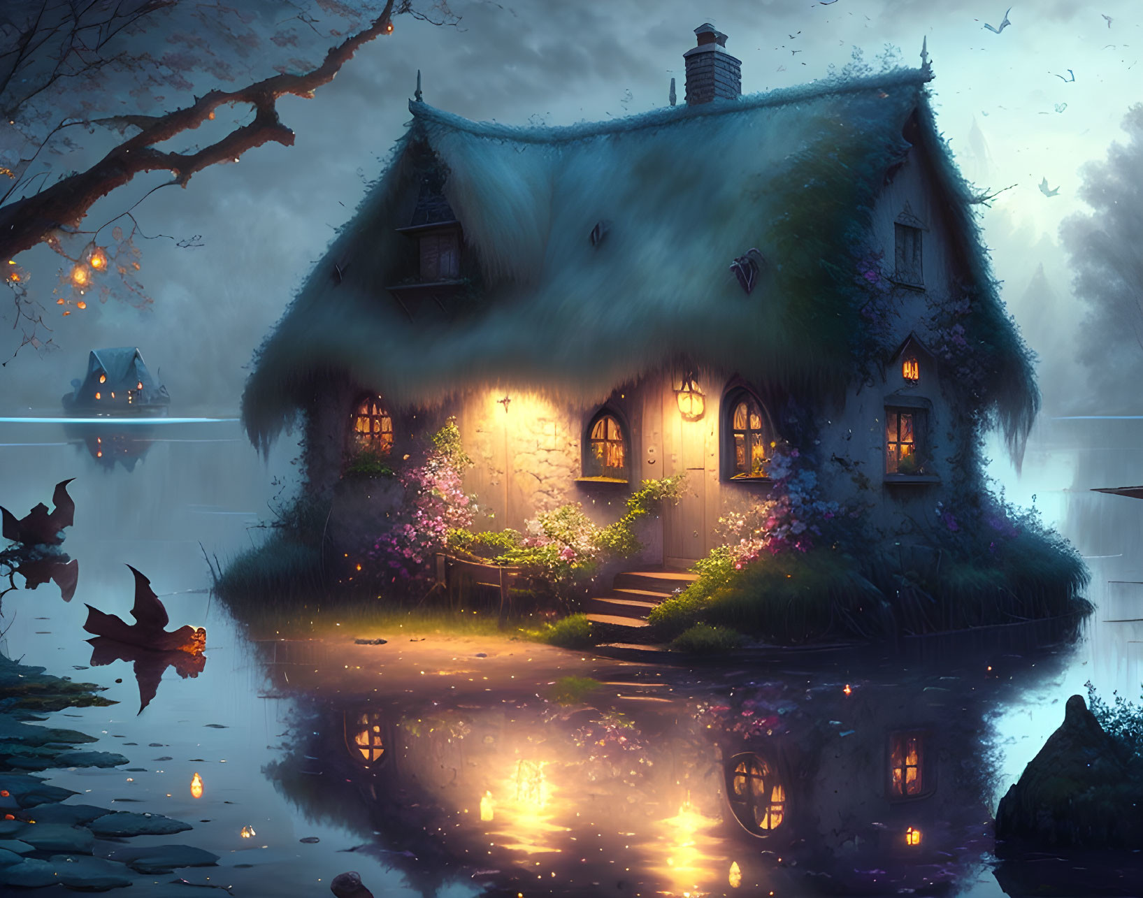 Thatched cottage by tranquil lakeside at twilight