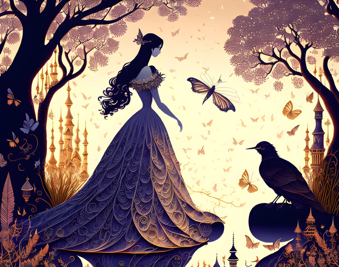 Illustration of woman in ornate dress in enchanted forest with butterflies, raven, and temples.