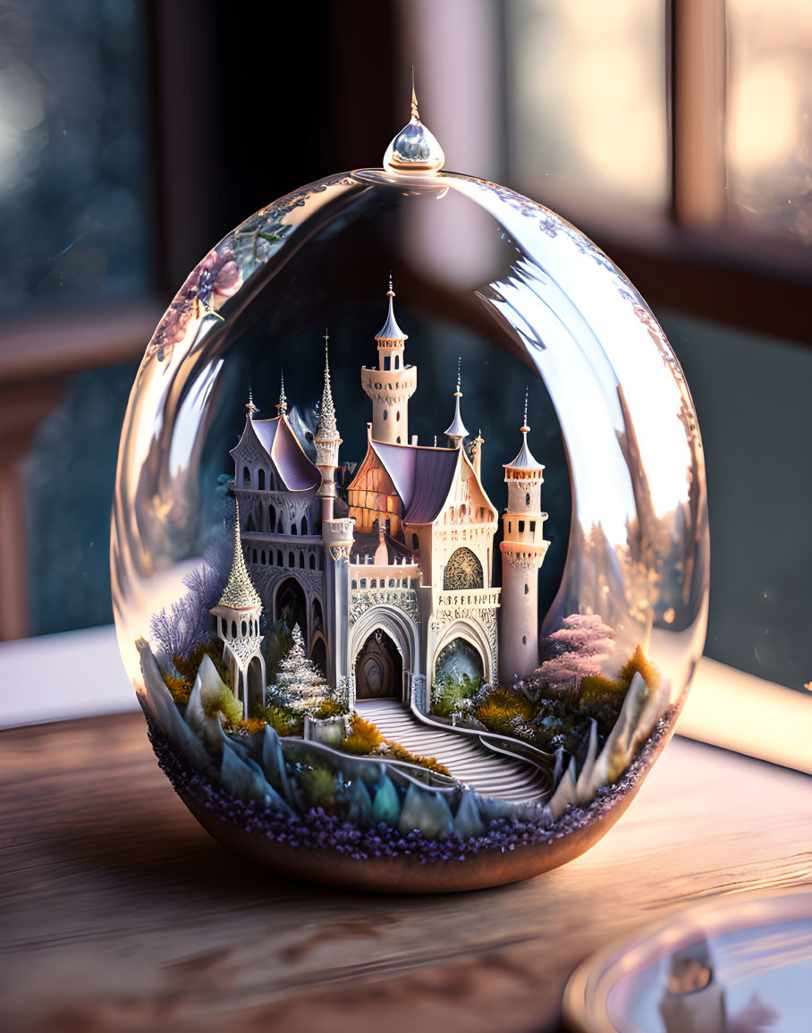 Miniature castle in transparent dome on wooden surface at sunset