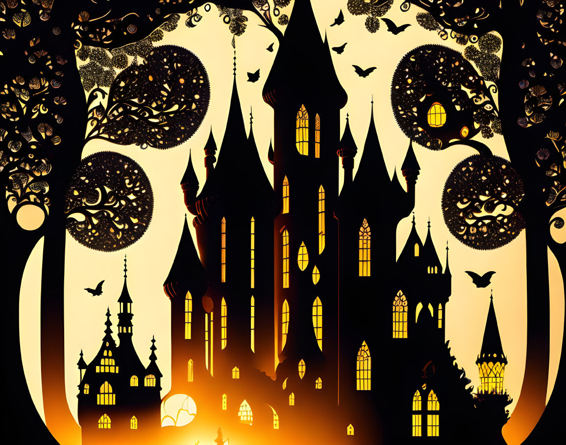 Fantasy castle silhouette with towers on orange background