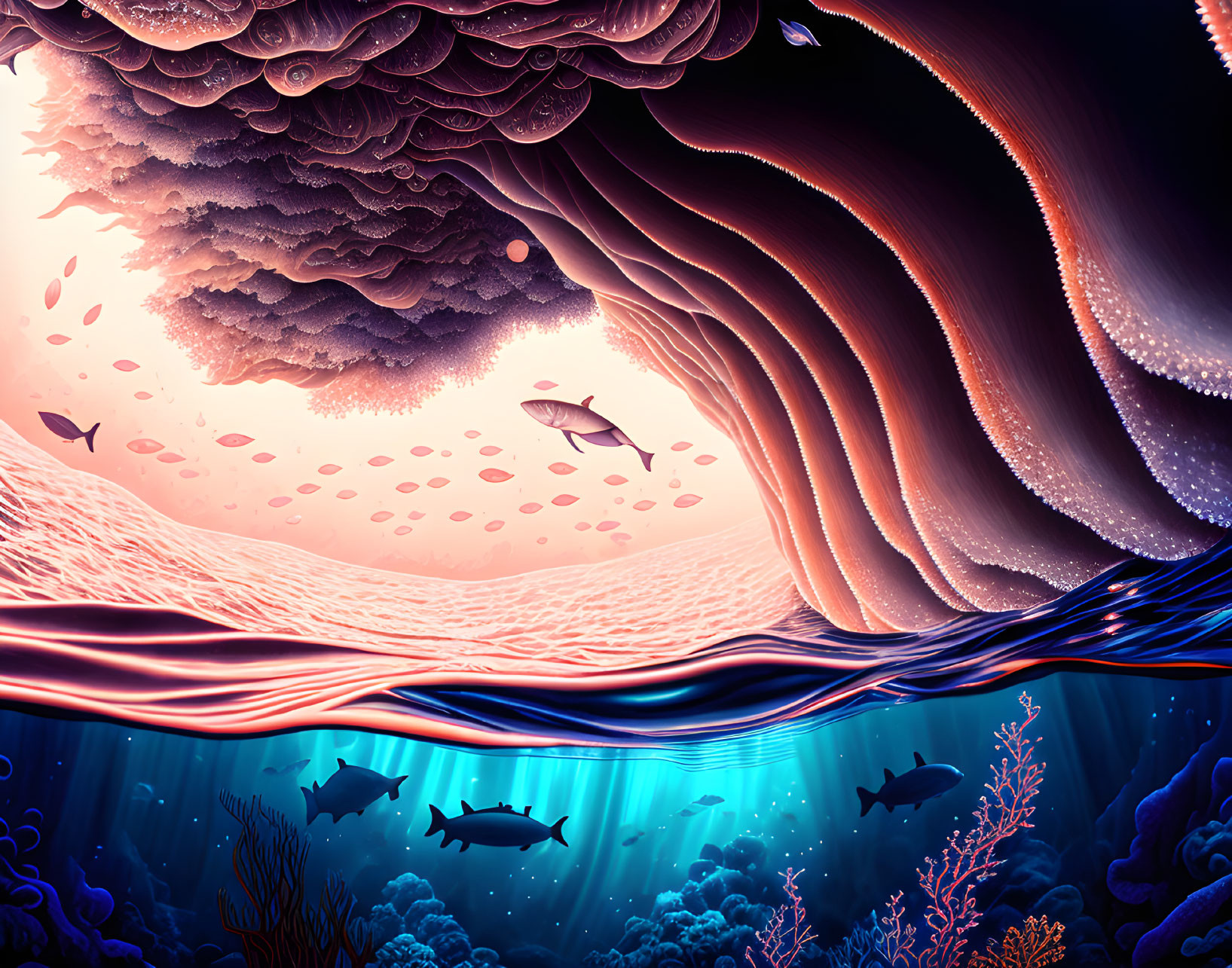 Colorful Digital Artwork: Underwater Scene with Fish and Marine Flora