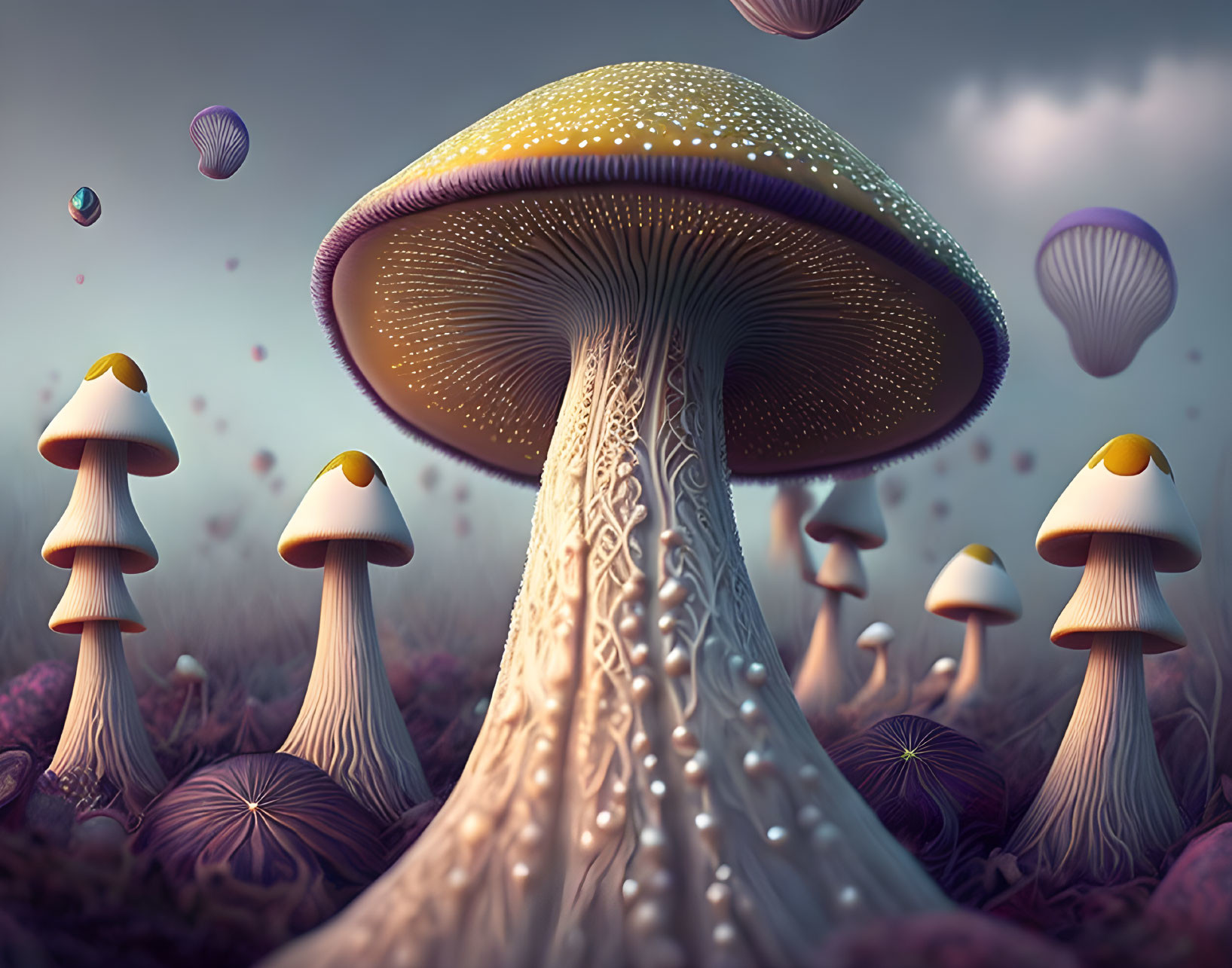 Colorful digital art: Stylized mushrooms in whimsical landscape