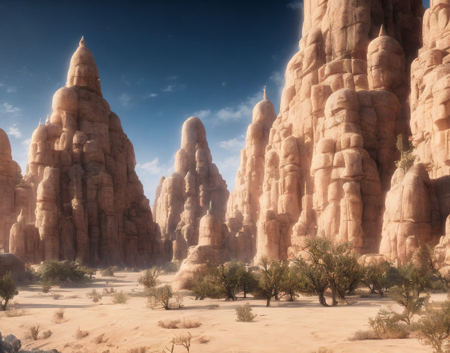 Desert landscape with sandstone formations and greenery