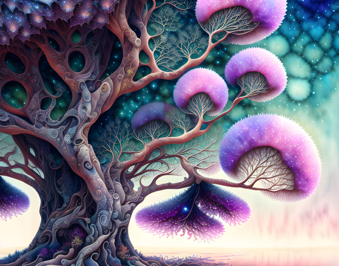 Whimsical tree illustration with purple mushroom-like foliage