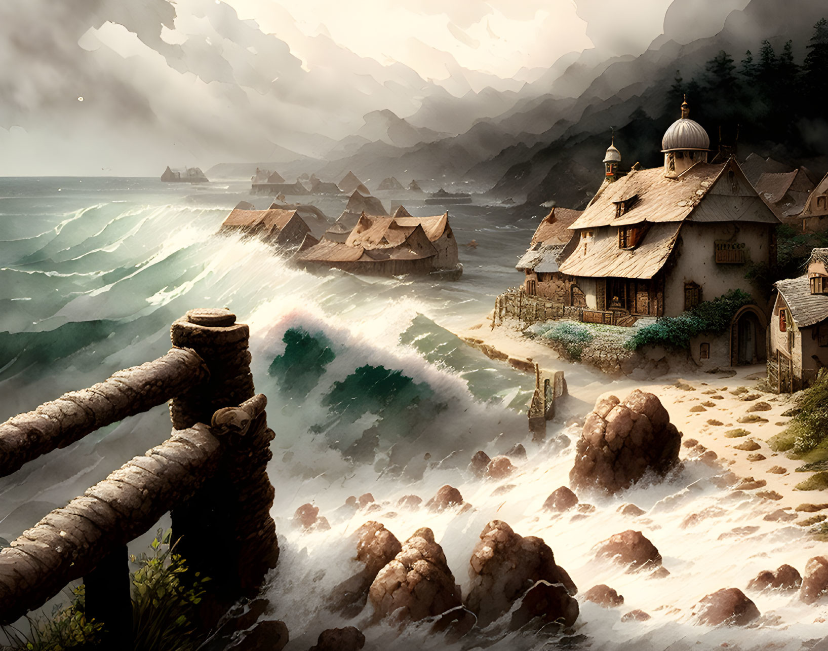 Thatched Roof Coastal Village with Stormy Sea