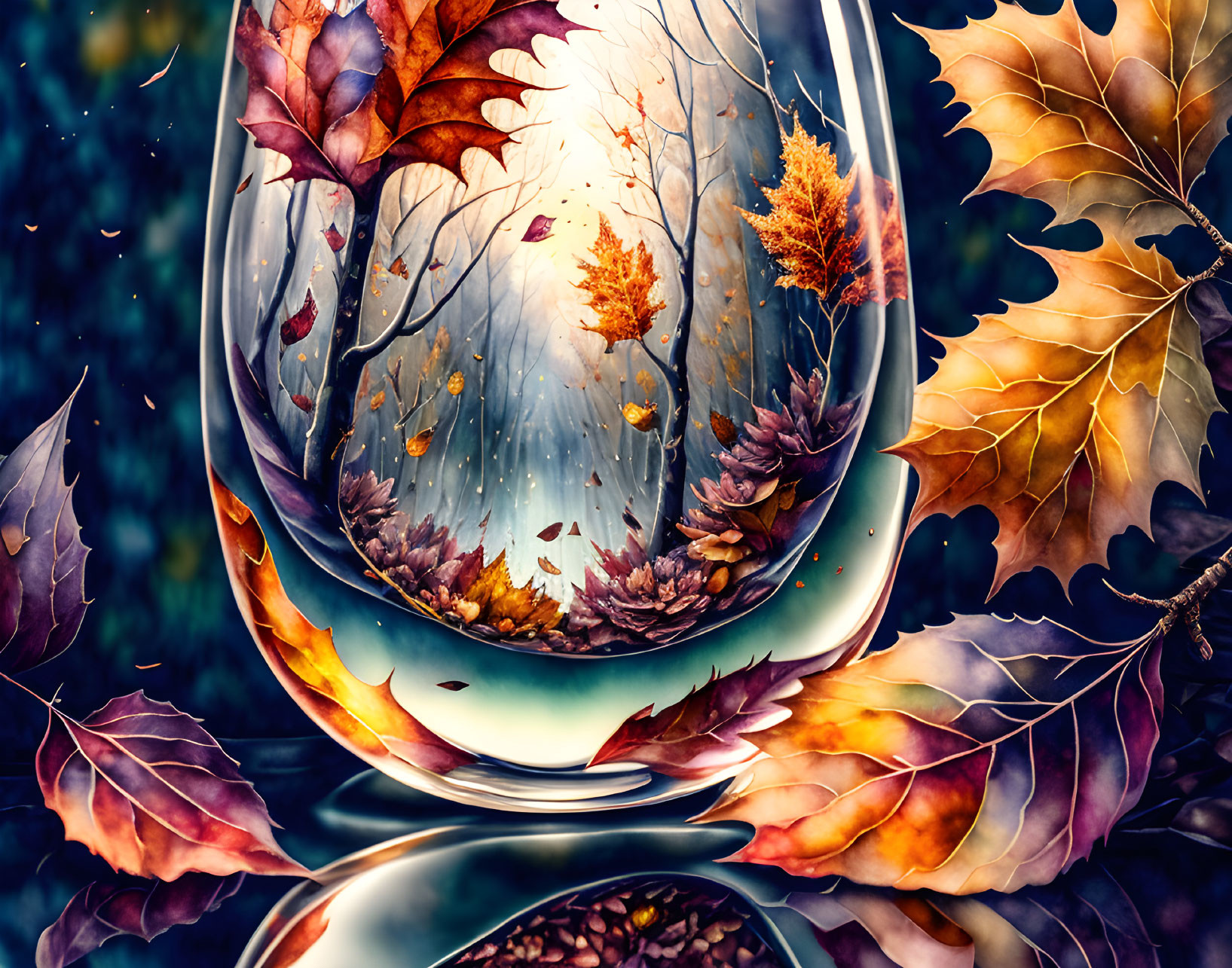 Autumn-themed stacked teacups illustration with leaves and background landscape.