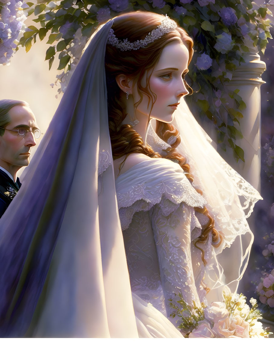 Bride in detailed white gown with tiara and bouquet beside man in suit under purple flowers