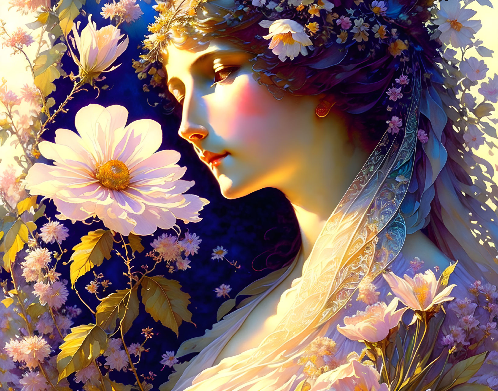 Ethereal woman with floral adornments in golden light among blooming flowers