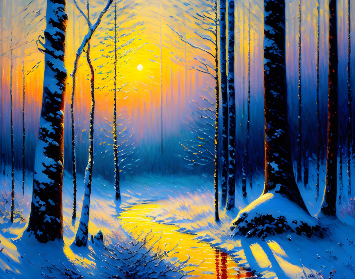 Snow-covered forest at sunset with long shadows