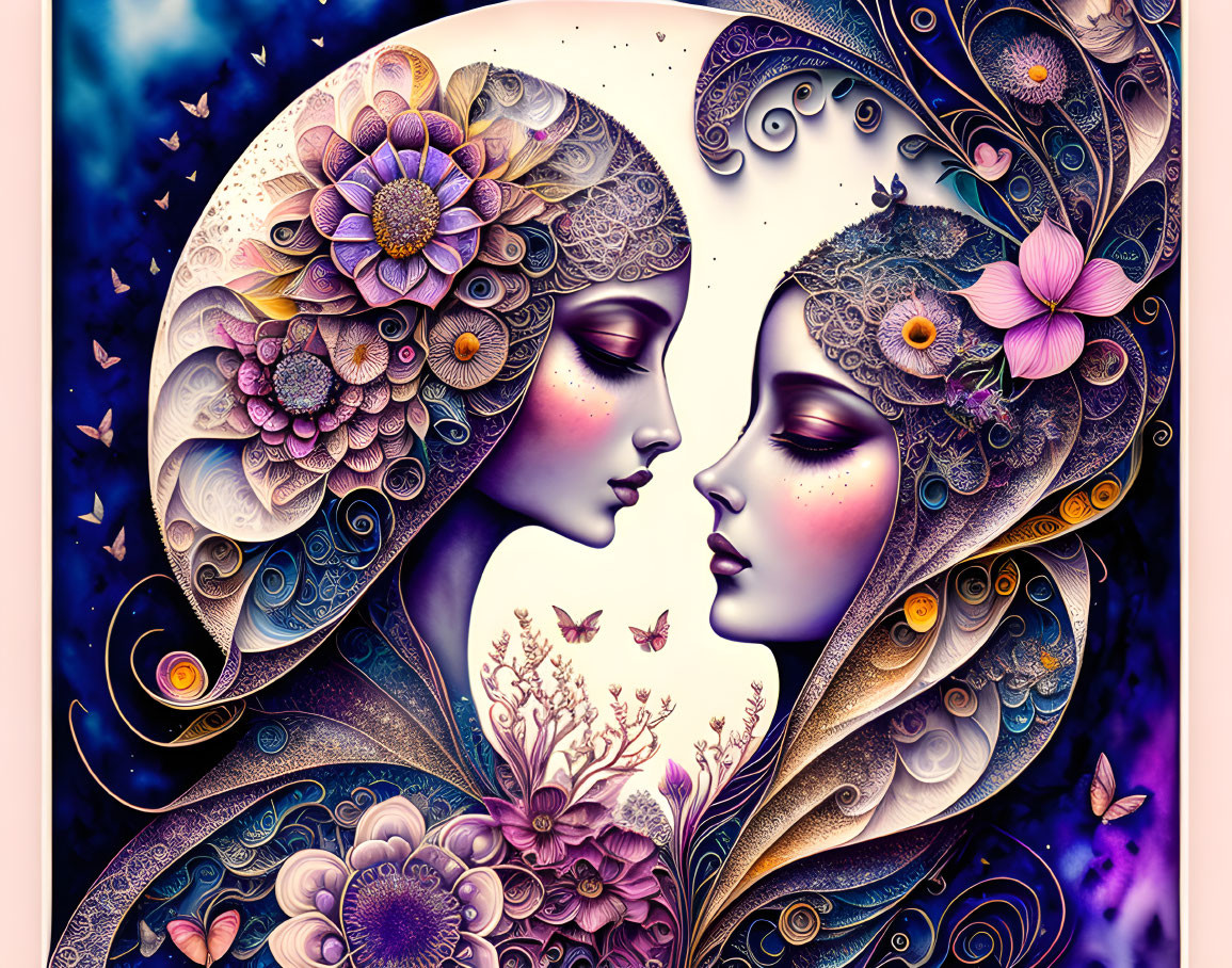 Symmetrical Faces with Floral and Celestial Motifs in Colorful Artwork