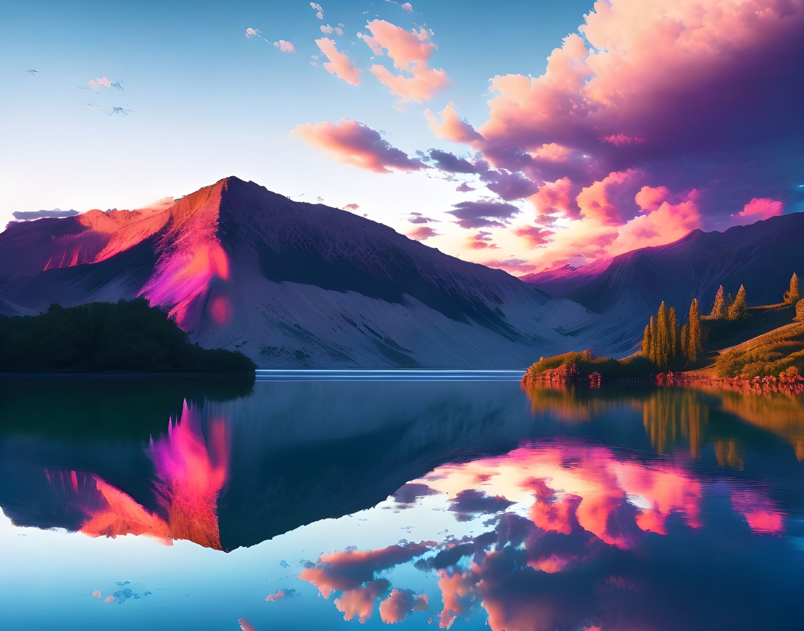 Scenic sunset over tranquil lake and mountains