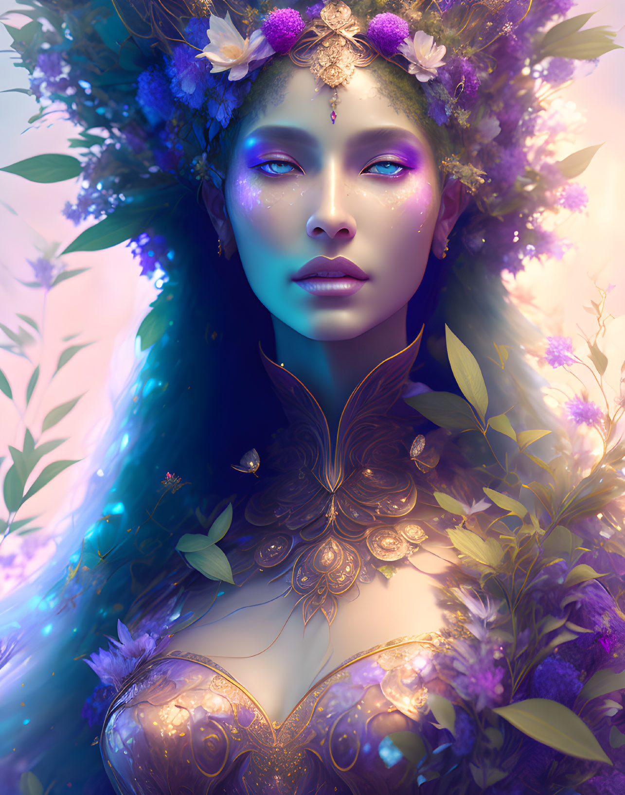 Fantasy artwork: Woman with floral adornments and vibrant, glittering skin