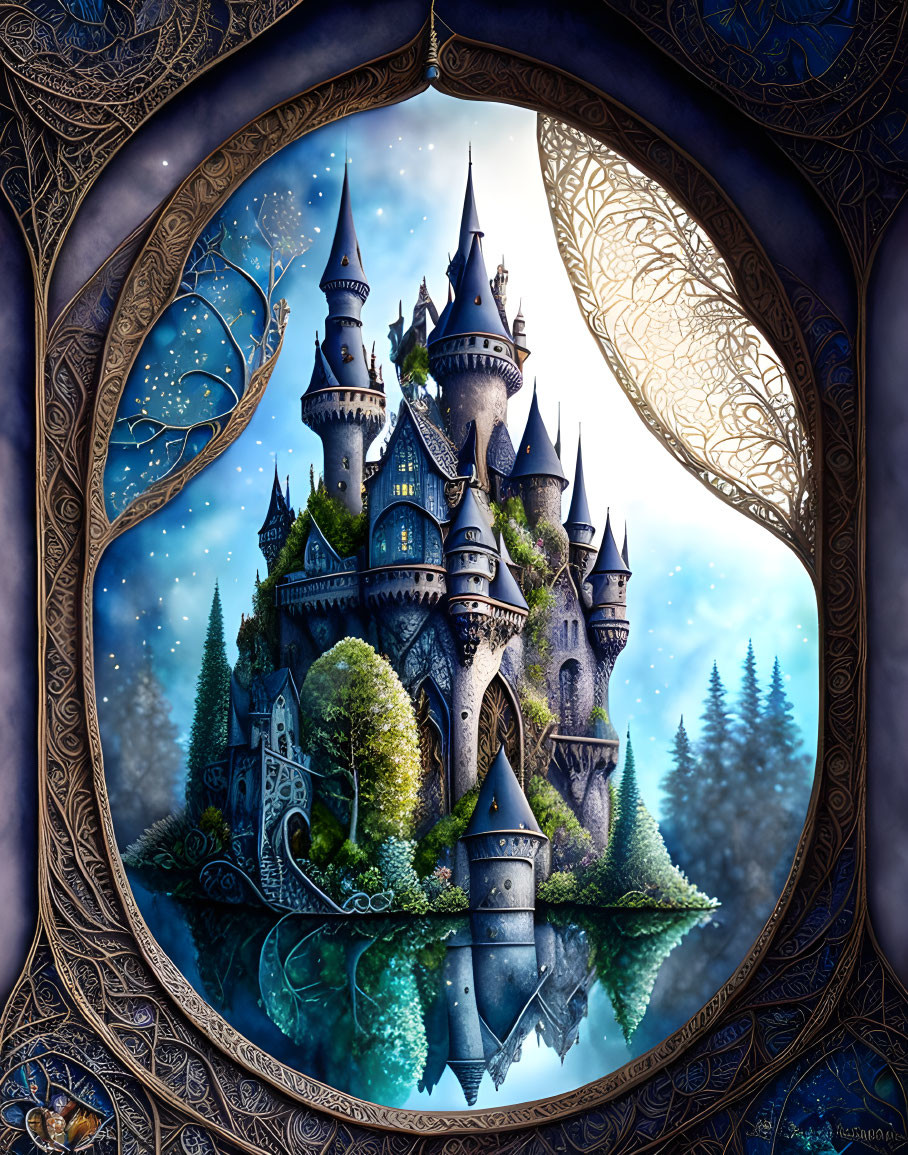 Ornate fairy-tale castle with spires in twilight sky viewed through round window.