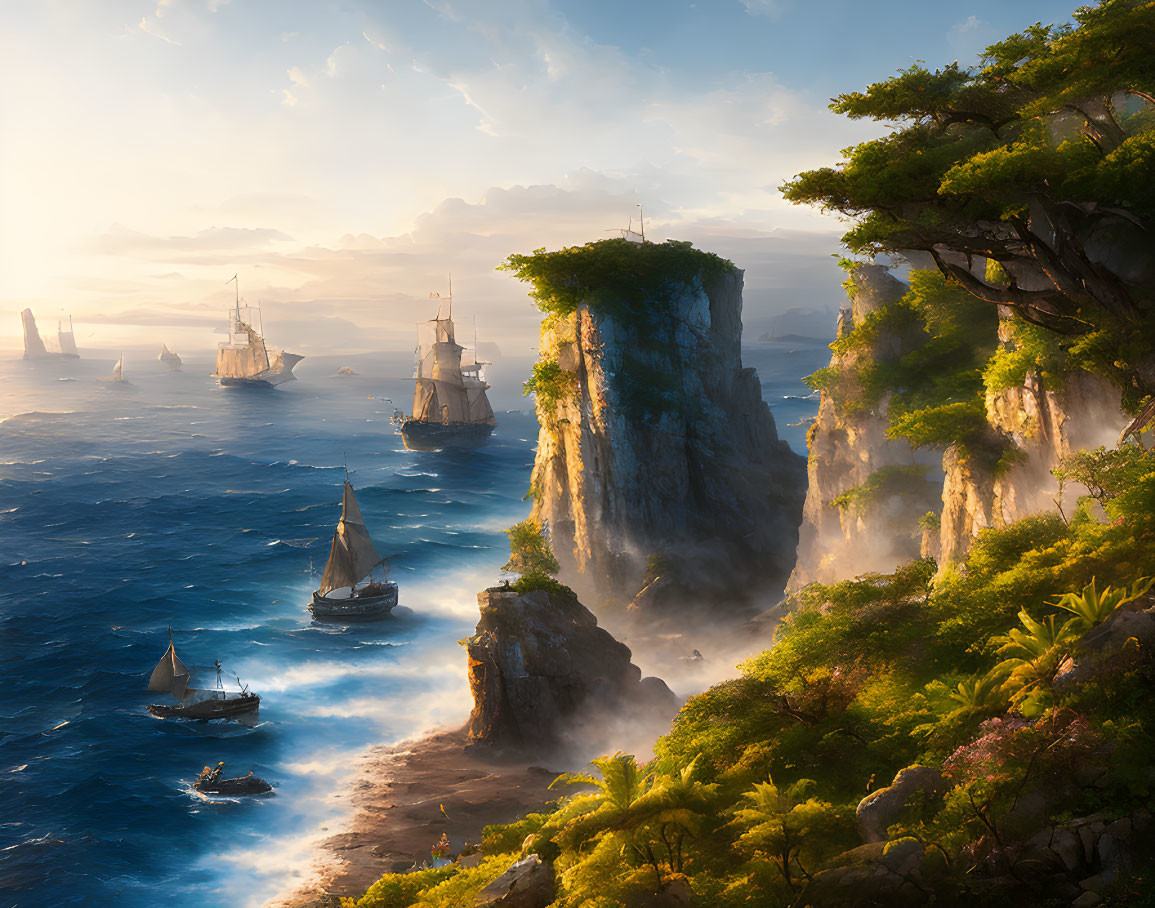 Sailing ships in misty sea near lush cliffs and waterfalls