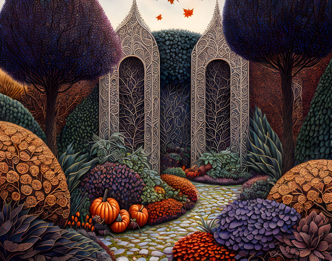 Whimsical autumnal forest with patterned trees, path, ornate doors, and colorful pump