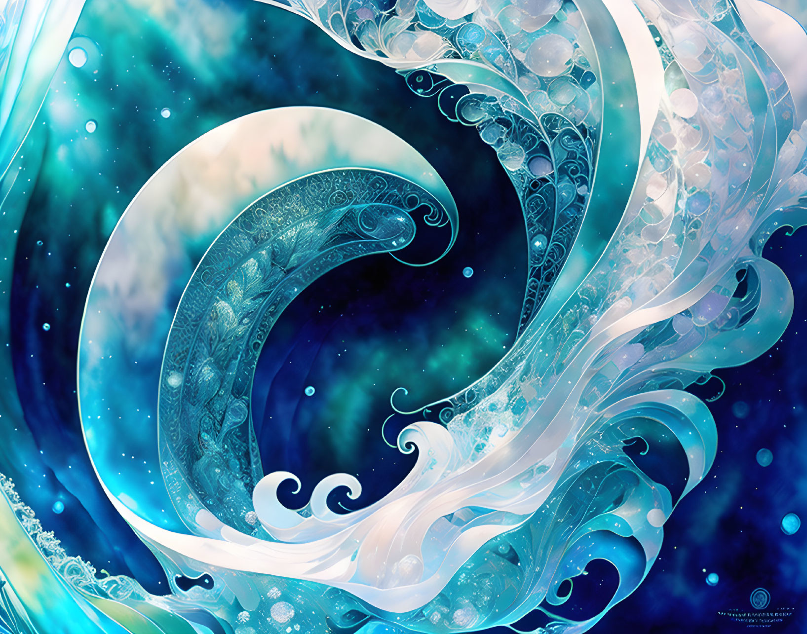 Abstract Ocean Waves Fractal Art in Blue and White