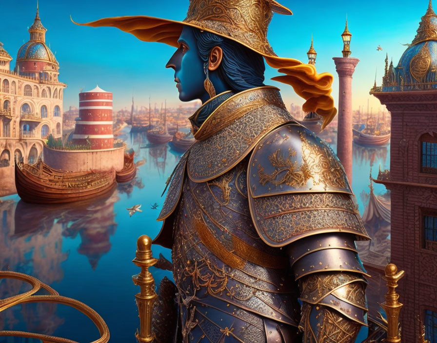 Regal figure in golden armor overseeing fantasy Venetian cityscape