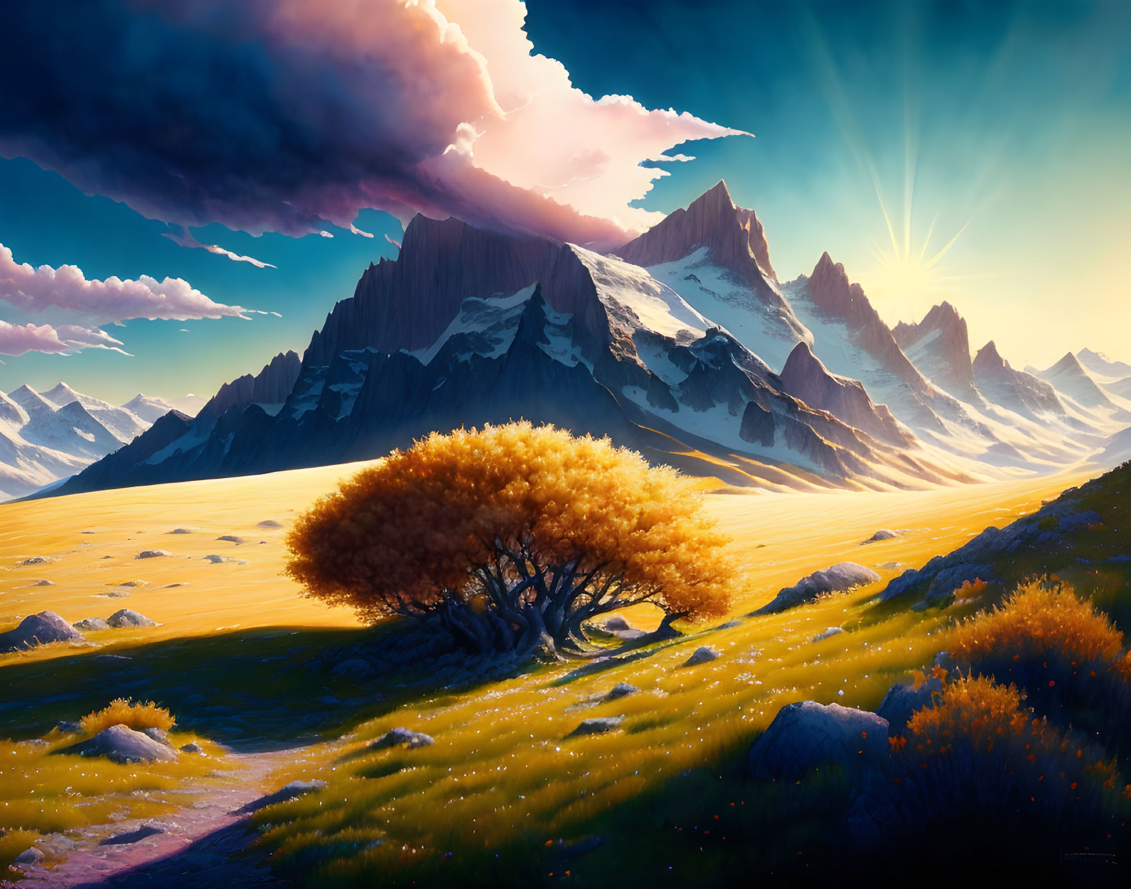 Colorful landscape with golden tree, dramatic sky, mountains, and yellow flowers.